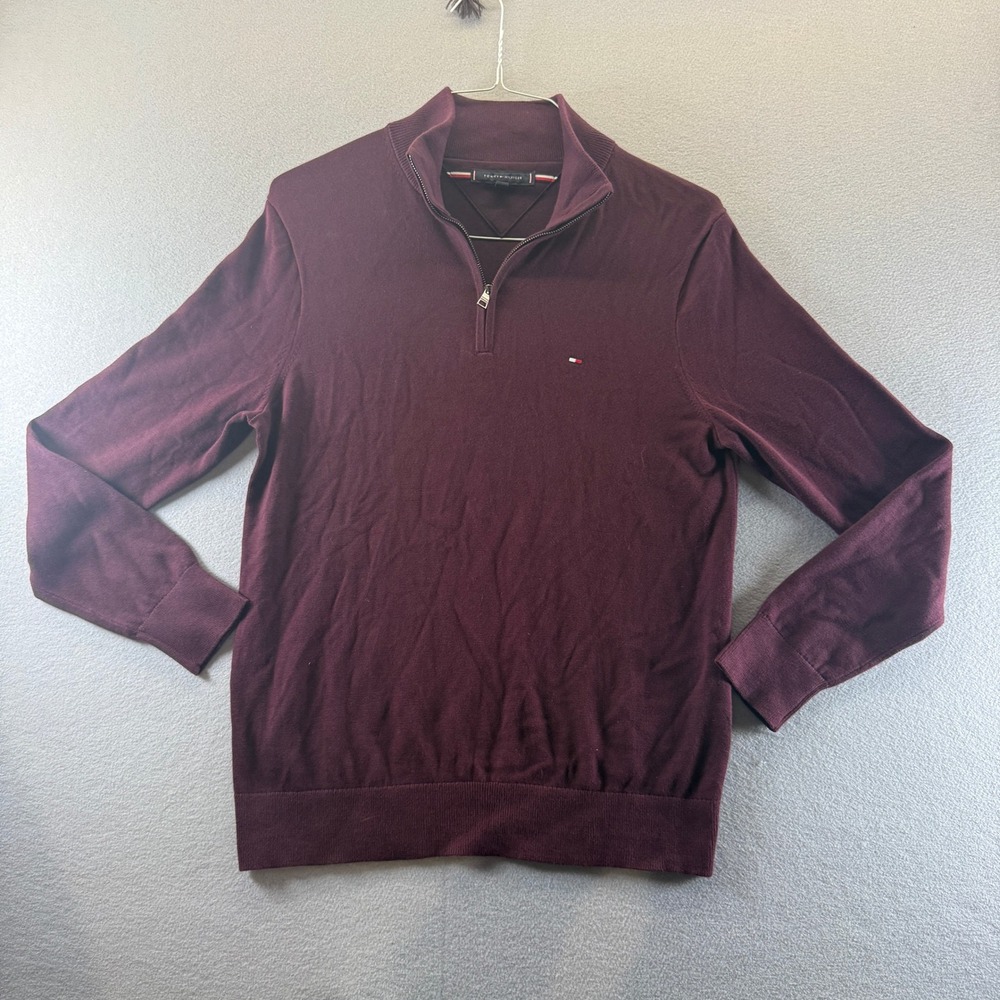Tommy Hilfiger Mens Burgundy 100% Cotton Quarter Zip Pullover Sweater Small